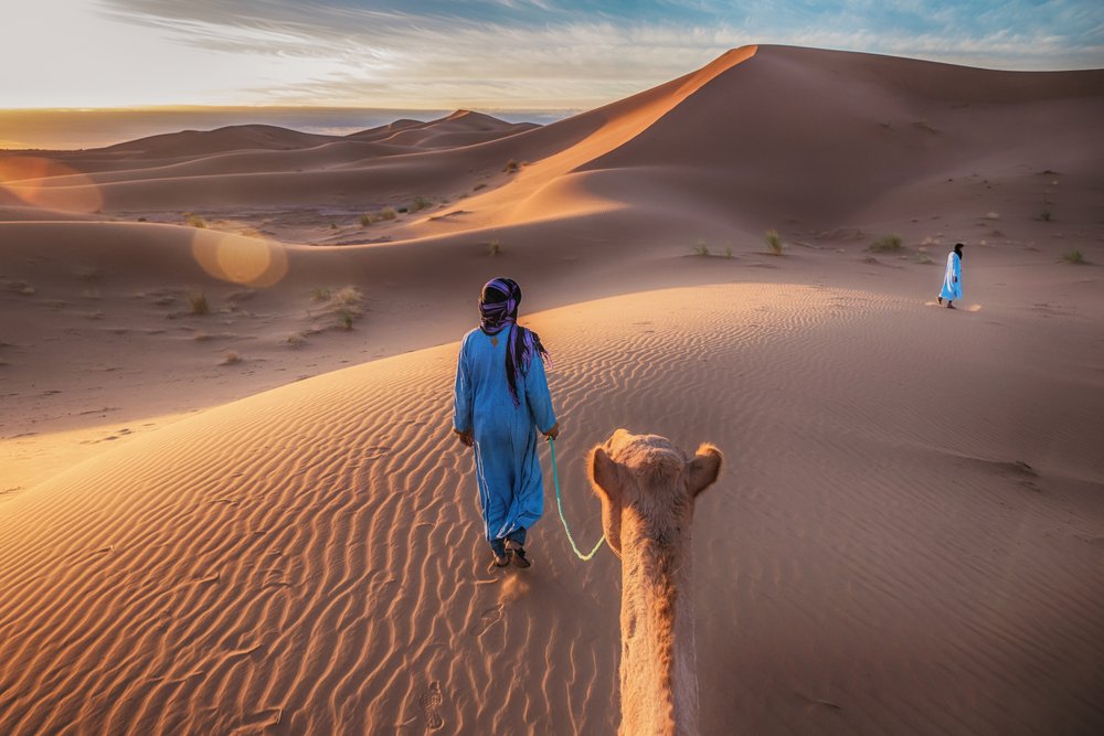 Two,Tuareg,Nomads,Leading,A,Camel,In,The,Sahara,Desert,